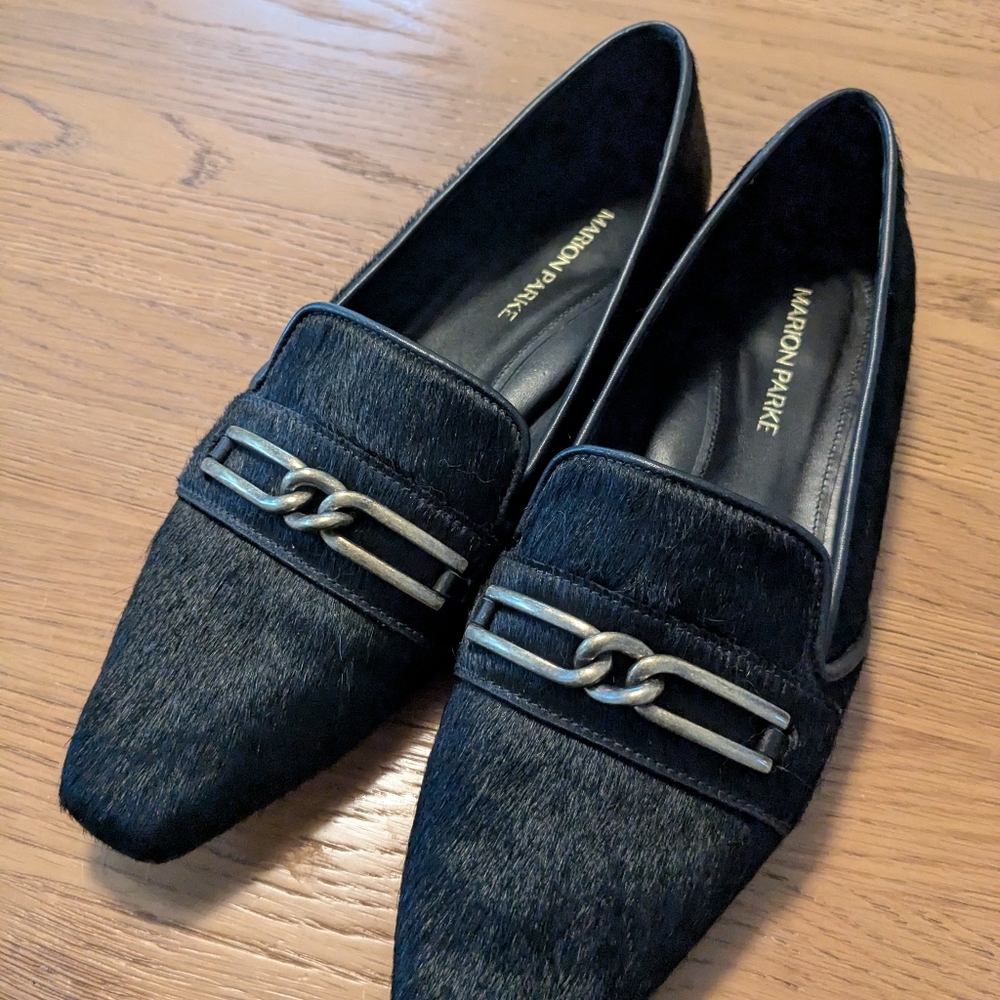 Black Pointed Loafers with Metal Chain Detail